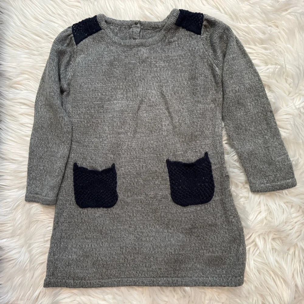 Girls‎ Gray Sweater Dress Size 4/5 Cat Pocket Knit Long Sleeve Cute Cozy